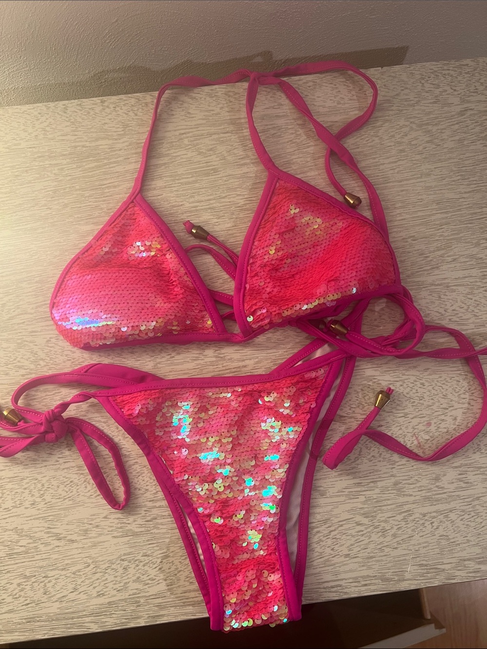 Hot Pink Sequin Triangle Bikini Set
